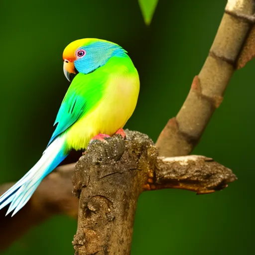 

A vibrant image of a parakeet perched atop a branch, its feathers in a rainbow of colors including yellow, green, and blue. The bird is looking off into the distance, its beak slightly open, as if it is ready